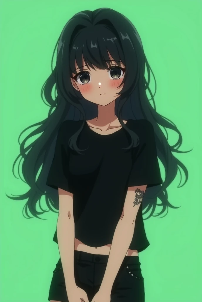 Anime girl crying,black long wavy hair with bangs,black eyes,blush,headphone,black short t-shirt,belly,black short,tattoo, greenscreen,white skin