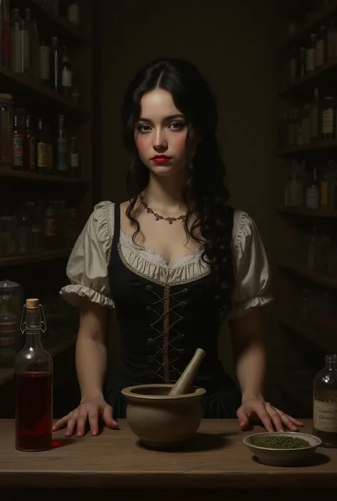 Giulia Tofana as a young woman in her apothecary in the 17th century