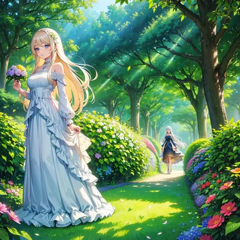 A beautiful young girl, detailed facial features, long eyelashes, fair skin, flowing hair, elegant dress, standing in a lush garden, surrounded by colorful flowers, sunlight filtering through the trees, serene and tranquil atmosphere, intricate background ...