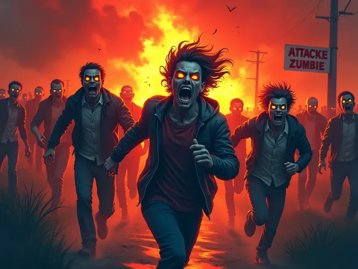 k realistic sytle:  Vibrant and bold colors, high contrast, dramatic lighting,  three scared screaming people running from a zombie horde, intense and expressive facial features, exaggerated perspective for depth, focused main subject with minimal or blurr...