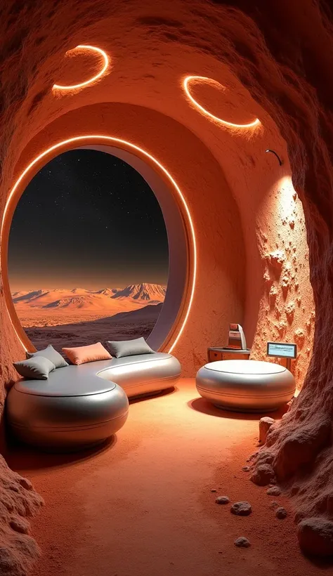 "Visualize an immersive, hyper-realistic room designed to resemble the surface of Mars. The walls are crafted with intricate details to look like the planets iconic red rock formations, complete with cracks, crevices, and rugged textures that mimic ancient...