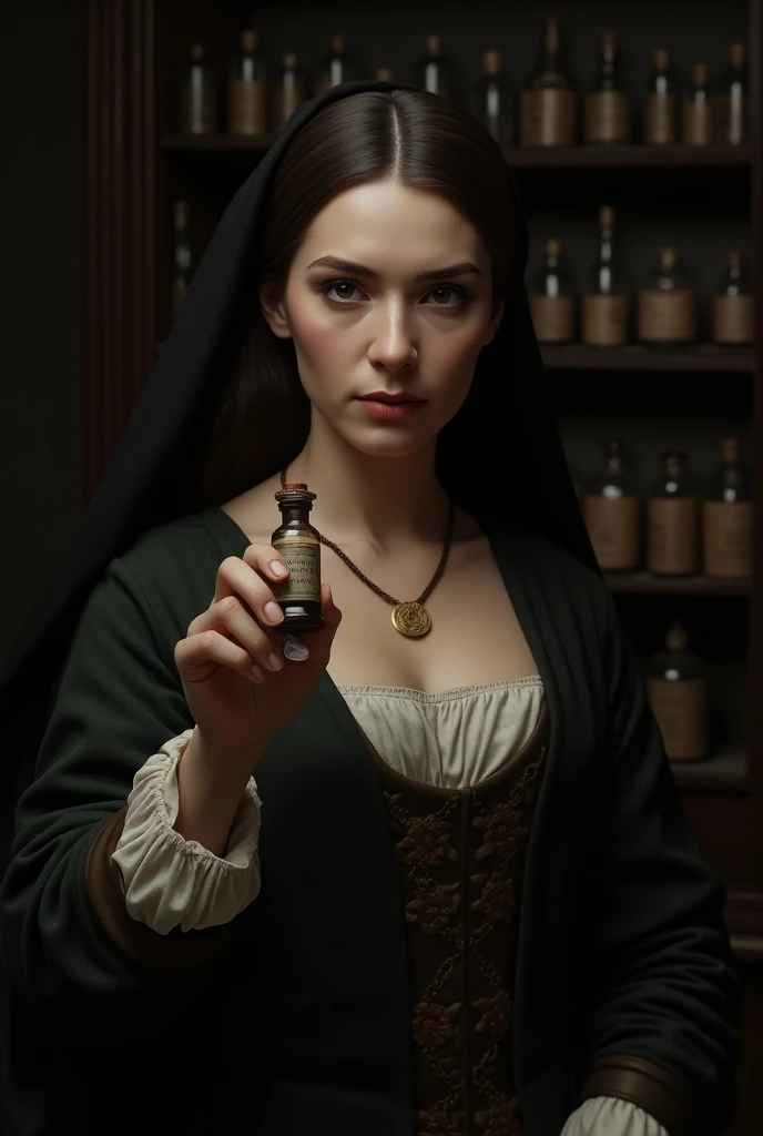 An image of Giulia Tofana with the poison Agua Tofana 