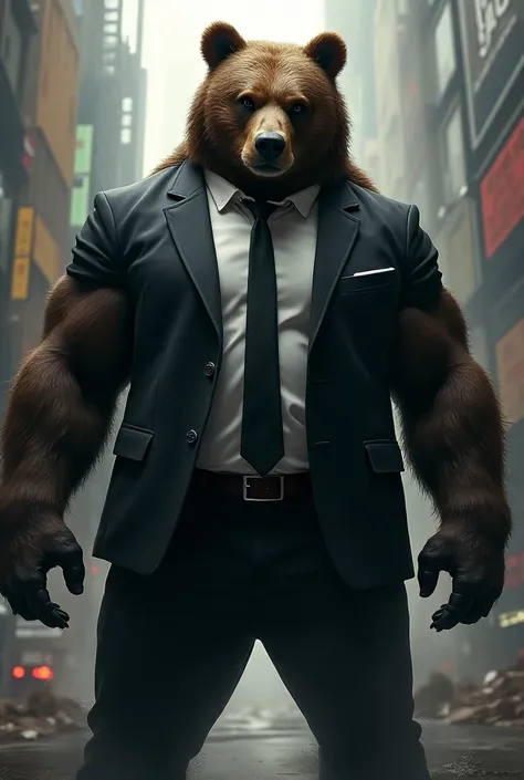 Stock market bear wearing a suit and bodybuilder 