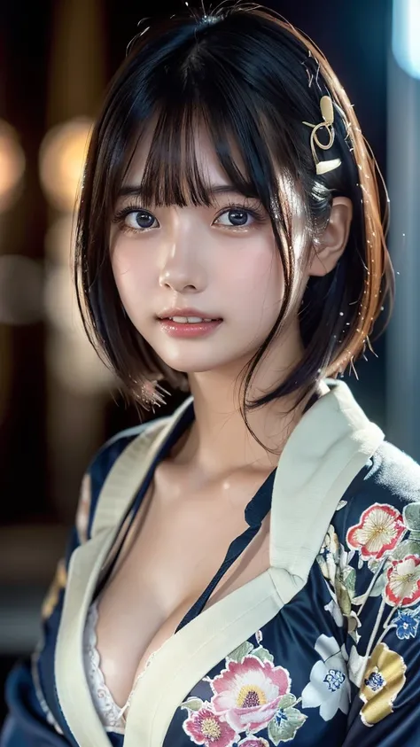 ((masterpiece, Best Quality,  Hi-Res,  Ultra High Definition)),  Japanese High School Girls,(Realistic:1.4)、excited、Great face、Pointed Mouth、 close your mouth、 wet lips、Age 15、 short hair,(Beautiful Hair:1.5)、Japanese patterned yukata、 Long Sleeve 、Flower ...