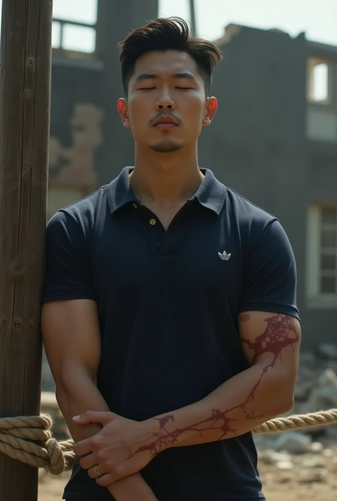 A handsome young Korean, muscular white bodybuilder, tall white, wearing a navy polo shirt, was tied to a pole with a rope in front of him, closed his eyes, his mouth open., Natural light background ,  Outside destroyed building  ,  Man with slight blood m...