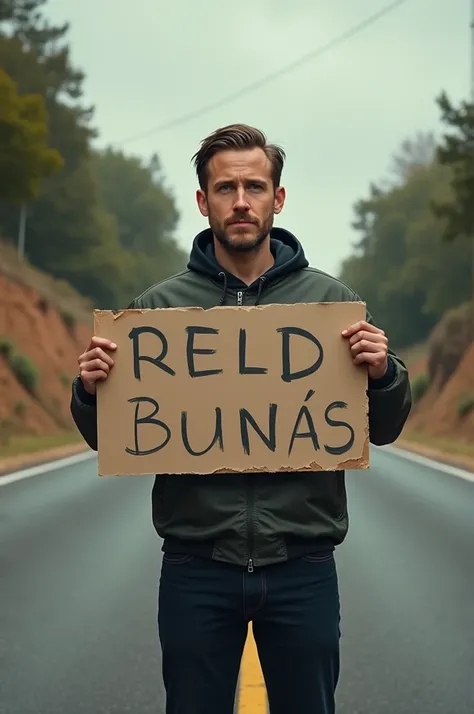 Ryan Gosling is standing in the middle of the road holding an English or Spanish sign