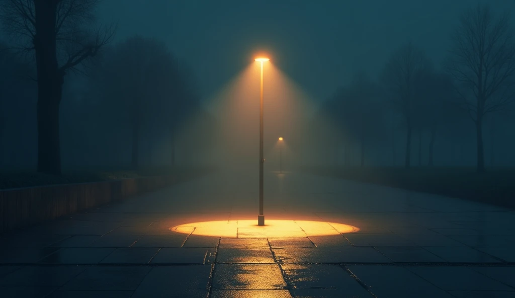 A lone streetlight casting a small pool of light on a wet, empty pavement