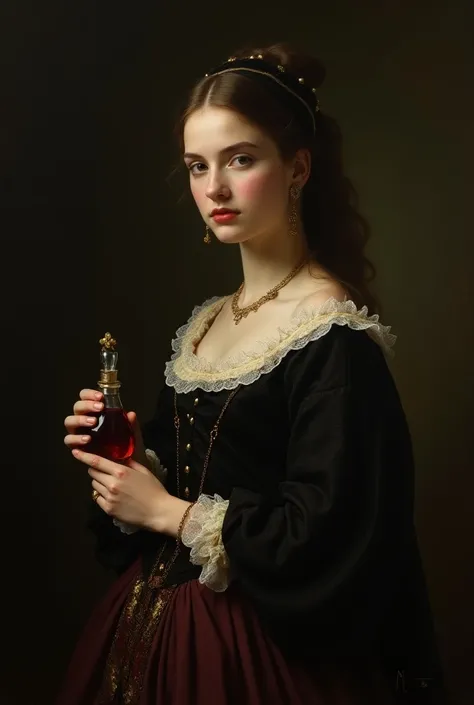 Giulia Tofana as a young woman in the 17th century with the poison Agua Tofana 