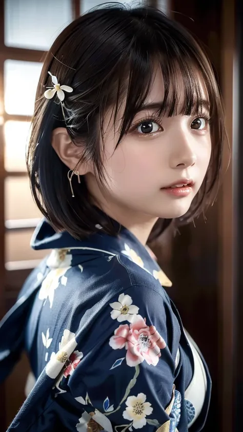 ((masterpiece, Best Quality,  Hi-Res,  Ultra High Definition)),  Japanese High School Girls,(Realistic:1.4)、excited、Great face、Pointed Mouth、 close your mouth、 wet lips、Age 15、 short hair,(Beautiful Hair:1.5)、Japanese patterned yukata、 Long Sleeve 、Flower ...