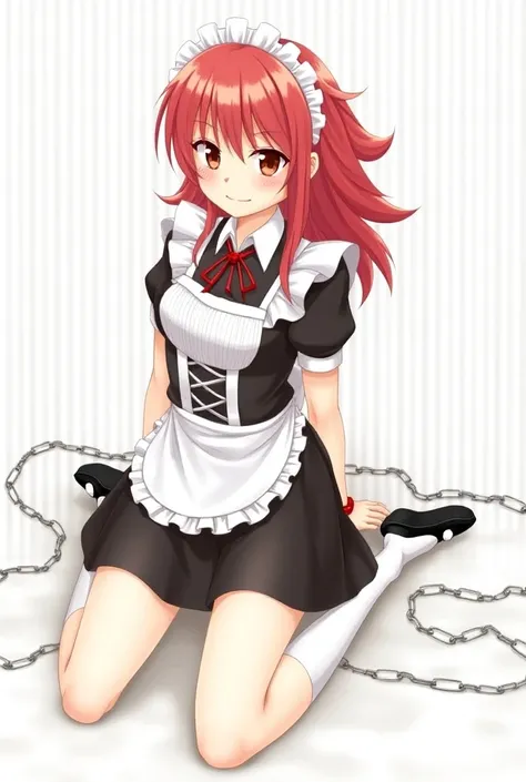 1 girl, Rias Gremori from DXD, sitting on the floor, legs and arms are chained to the floor, maid uniform , frilled socks , anal beads in the ass , vulgar smile,  fingerless footwear ,  crossed footwear , masterpiece,  best quality,  uncensored ,  Red Hair...