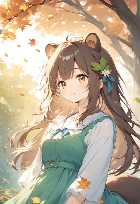   thin and soft painting style、autumn、Falling leaves fluttering、 sunlight shines in 、 Beautiful Artwork 、Raccoon Girl、Raccoon ears、Raccoon Tail、In the head１Place a green leaf 