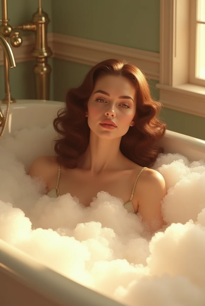 a woman from the 1950s bathing in a tub with lots of foam,1950s,beautiful woman,detailed facial features,porcelain skin,elegant pose,long curly hair,foam bubbles,warm light,golden hour lighting,vintage style,soft colors,pastel colors,high quality,photoreal...