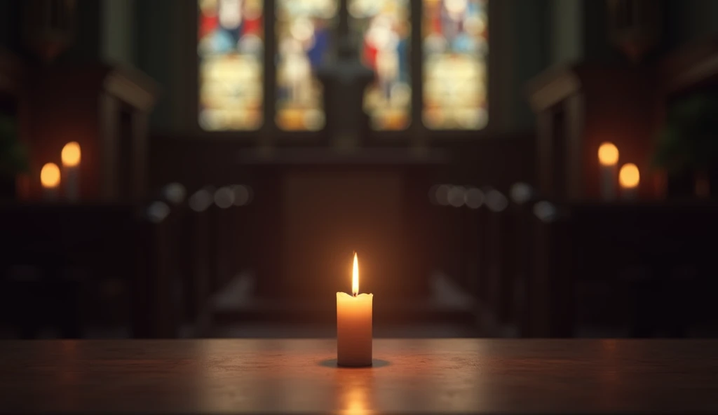 A dimly lit church altar with a single candle flame burning brightly on the table. In the foreground, symbolizing financial prayer. The background is blurred, with hints of stained glass windows, creating a serene and holy ambiance. 