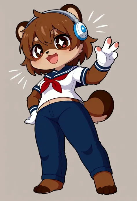 girl, tanuki, furry, bodyfur, tail, school uniform, sailor suit, jersey pants, long pants, white gloves, barefoot, chibi, sparkling eyes, happy, full body, headphones, looking below