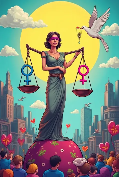 The poster depicts a colorful, abstract, and almost surreal scene that incorporates various elements. In the center, a figure resembling Lady Justice, with a blindfold, holds a scale. On the balanced scale, there are two symbols of gender:one for a blue ma...