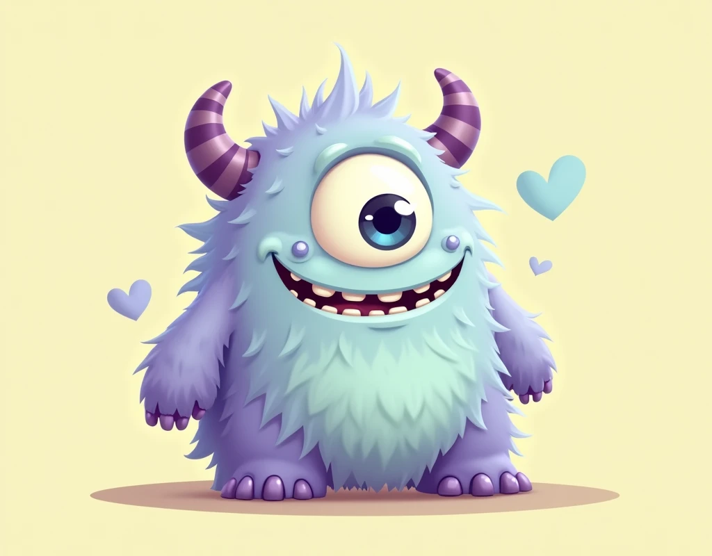 A cute 2d cartoon monster with fluffy, soft fur, one large eye in the center, and a big, toothy smile. The monster has short arms and legs and is in a bright pastel color like lavender or mint green. It looks friendly and happy, with round, chubby features...