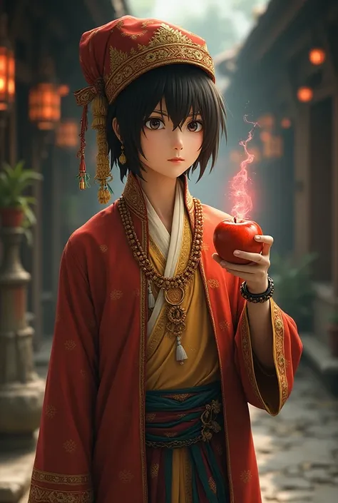 Light yagami in Nepali dress and a cultural cap in his head and death note or a floating apple in his hand 