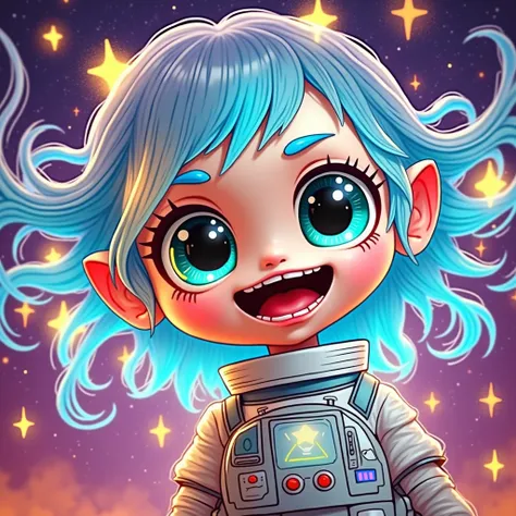 Close-up of the best masterpiece:1.5)0.9], (Space and astronauts:1.2) ( Loose silver hair:1.1) (Heterochromia:  xanthochromia and blue eyes:1.2) (Space helmet:1.0) (Colored stars in the eyes:1.0) (Shining light:1.1) (full lips:0.9)