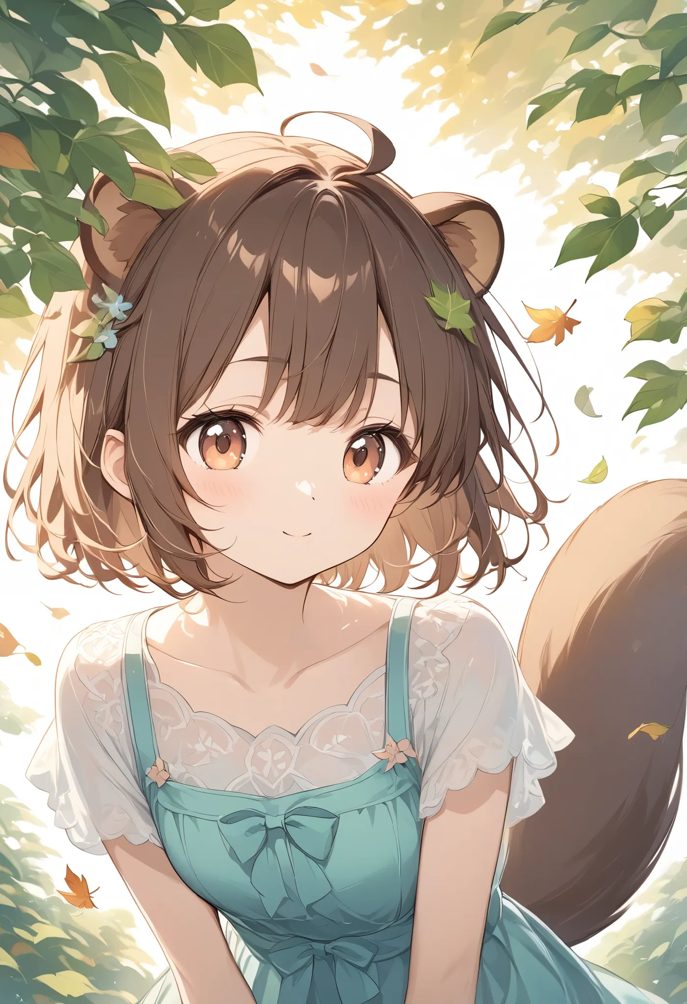 thin and soft painting style、autumn、falling leaves fluttering、 sunlight shines in 、 beautiful artwork 、raccoon girl、raccoon ears...