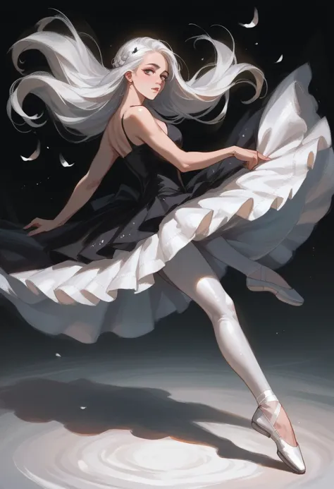 1girl, solo, white haired futanari girl, long hair. White Ballerina dress. Long erect futanari cock protruding out from the black skirt, Hard long futa penis, big black penis