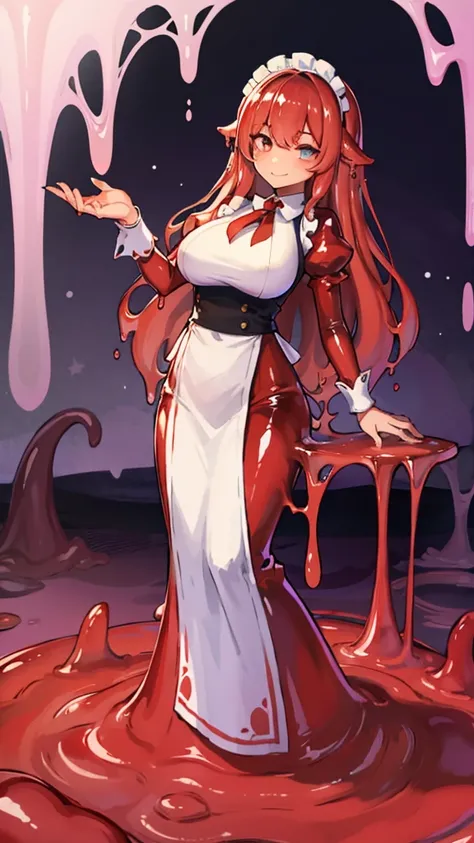  ((masterpiece,best quality,ultra-delicate,Perfect Face,16k,high resolution,very beautiful girl)),red slime girl,high viscosity red slime body,black and white maid dress:1.5,large breasts,,smile,red slimy caves,melting body,transparent,long hair