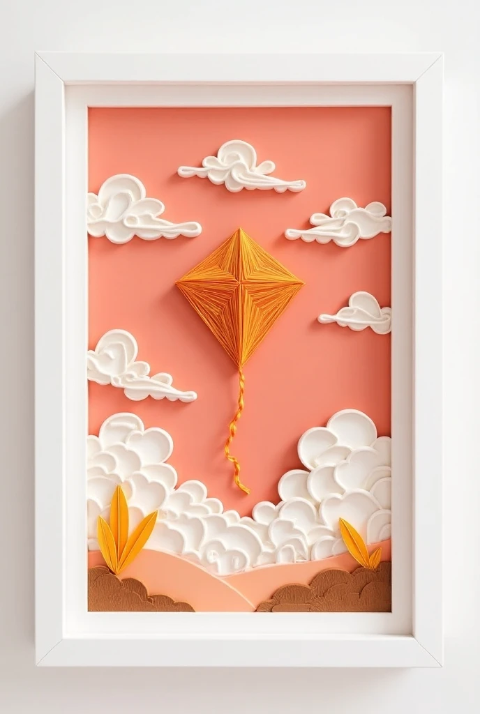 A white frame with a salmon background with a circular art in the center in the quilling style of a well-colored kite in the sky fill the background with clouds also in the quilling style and a landscape