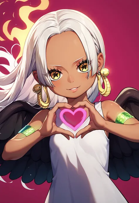 UHD, retina, textured skin, high details, high quality, best quality,  highres icon, 1080P, HD, 16k、1 Girl,Earthsnake , Long Hair, white hair, Brown Skin、,  earrings for a woman alone, Yellow Eyes, symbol-shaped pupils,  black wings  ,  small breasts.  sun...