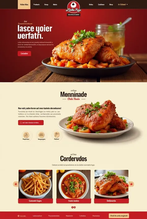 I NEED the general homepage of LA POLLERIA " El Pollo Rojo ", con un diseño limpio and opciones o botones como "start", "products", "requests", " Promotions " and "contact". Besides, incluande un mensaje de bienvenida en español and botones destacados para...