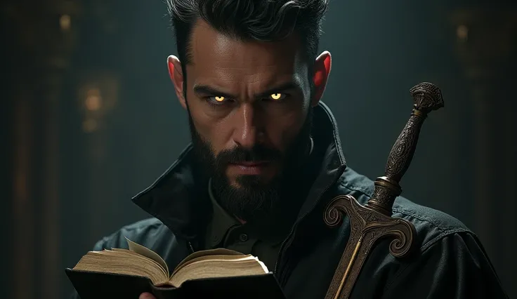 (photorealism:1.2), a man holding a bible , his eyes shines like a light.. with a dagger in his right side of the body