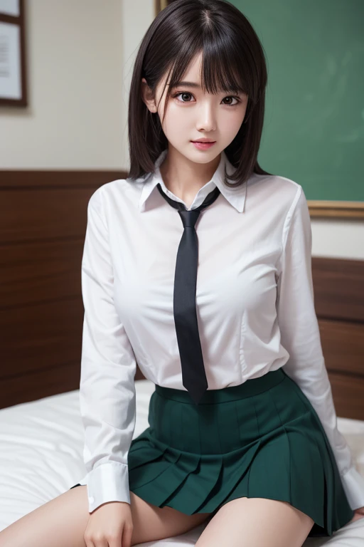 sfw, 1girl,  masterpiece, highly detailed, absurdres, high quality, (aichan:1.5), neat and beautiful girl, beautiful green detailed eyes, short black hair, layered hair, fluffy hair, bangs, glossy lips, pleated skirt, school uniform, shirt, Sitting with Kn...