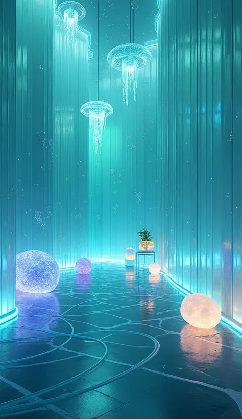 "Step into a fully immersive room inspired by Uranus, designed with a completely unique, dreamlike aesthetic. The walls are made of shimmering, frosted glass panels that shift in color from deep blue to pale green, mimicking the cold, gaseous atmosphere of...