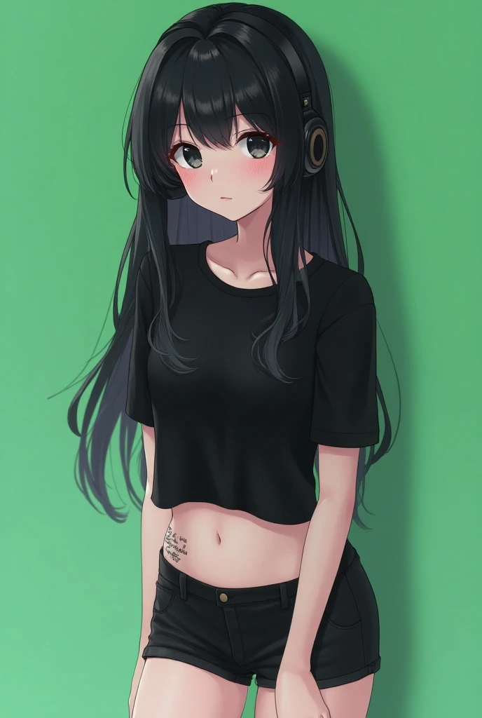 Anime girl talking,black long wavy hair with bangs,black eyes,blush,headphone,black short t-shirt,belly,black short,tattoo, greenscreen,white skin