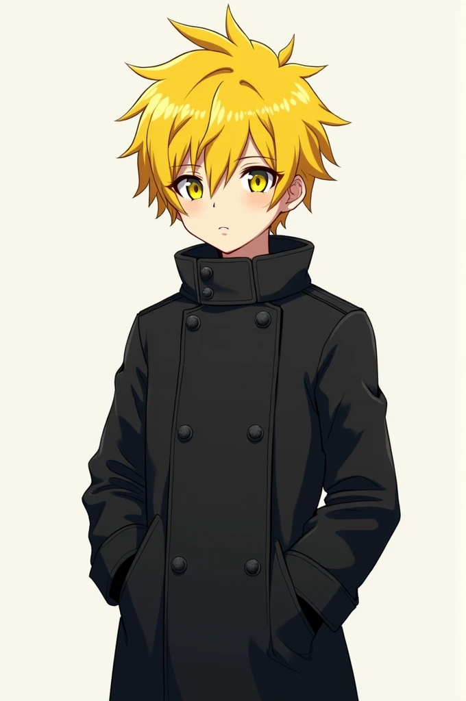  Create a yellow-haired boy, yellow eyes,  with an all-black overcoat ,  his size is 1 ,77 anime  