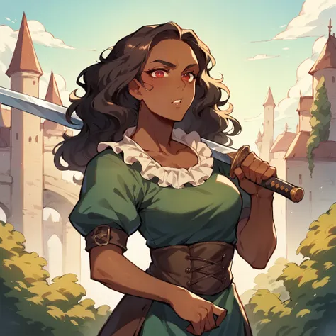 a mature dark skin woman in her late 20s has long black wavy hair and red eyes. she wields a sword with one hand and is wearing medieval clothes. she stands outside a castle. she has a confident look on her face and is shouting.