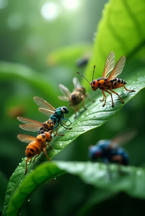  A group of insects hitting wet leaves, creating a musical effect .

