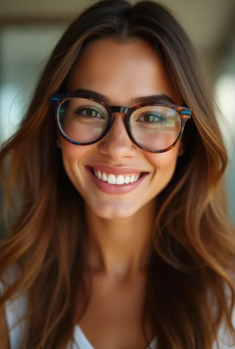 Une femme toujours souriante. Elle a les cheveux marrons avec des lunettes marron et bleu. Elle a un sourire éblouissant.