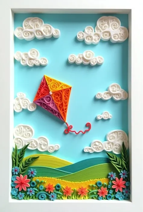 A frame with a white frame and background all artfully filled in the quilling style and in the center ,  also in the quilling style of a very colorful kite in the sky fill the background with clouds also in the quilling style and a landscape