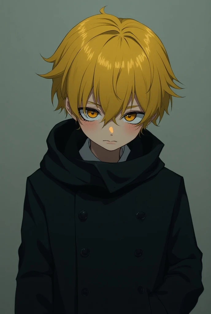  Create a yellow-haired boy, yellow eyes,  with an all-black overcoat ,  his size is 1 ,77, Do it with a more serious face with no hope of life anime 