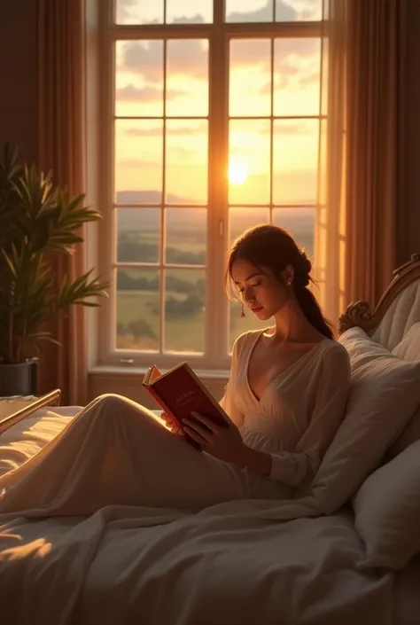 A beautiful  girl sits on her bed in a very beautiful room reading a book with a window behind her and a beautiful landscape at sunset 