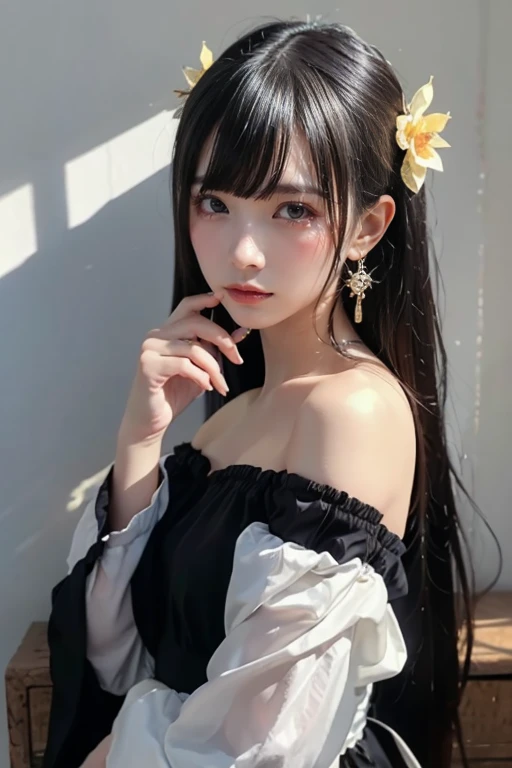  idol with a harmonized finger ratio ,Long Hair , straight hair, Round face , bust up , Fluorescent colors of color  ,  1 girl, Look to the side,  Facial beauty,   beautiful eyes , ( off-shoulder : 1.2),  upper body,  shiny hair, shiny skin, Shine and lumi...