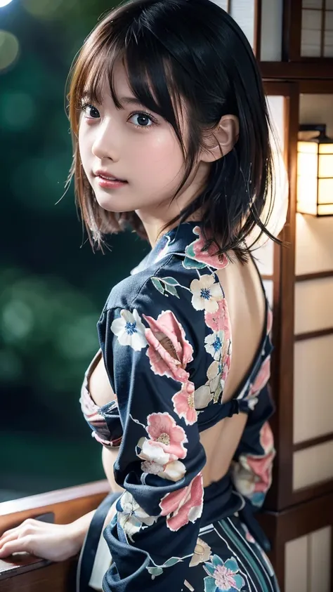 ((masterpiece, Best Quality,  Hi-Res,  Ultra High Definition)),  Japanese High School Girls,(Realistic:1.4)、excited、Great face、Pointed Mouth、 close your mouth、 wet lips、Age 15、 short hair,(Beautiful Hair:1.5)、Japanese patterned yukata、 Long Sleeve 、Flower ...