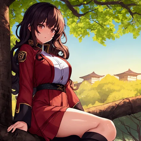 A detailed girl with thick curly brown hair, beautiful detailed brown eyes, fair porcelain skin, wearing an Akatsuki uniform, sitting on a tree branch, spying to invade a village, cinematic lighting, highly detailed, intricate background, photorealistic, d...