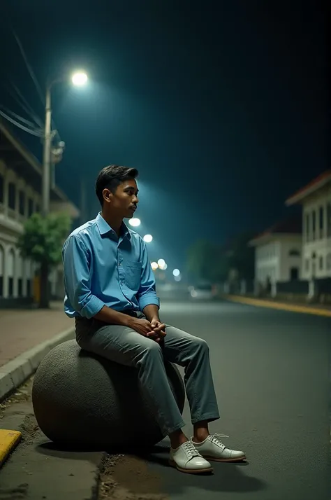 The photo of an Indonesian man sitting on a large round stone on the side of the road at night is really aesthetic. And the background is a colonial-style historical building like in Indonesia. and wore a plain light blue shirt, gray chino trousers. old an...