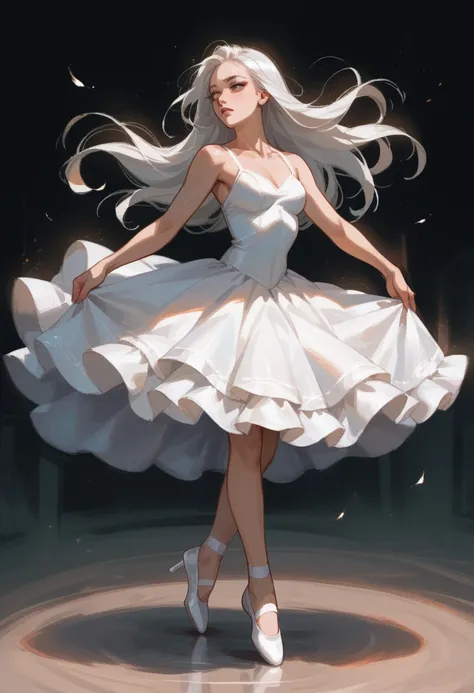 1girl, solo, white haired futanari girl, long hair. White Ballerina dress. Long erect futanari cock protruding out from her skirt, Hard long futa penis