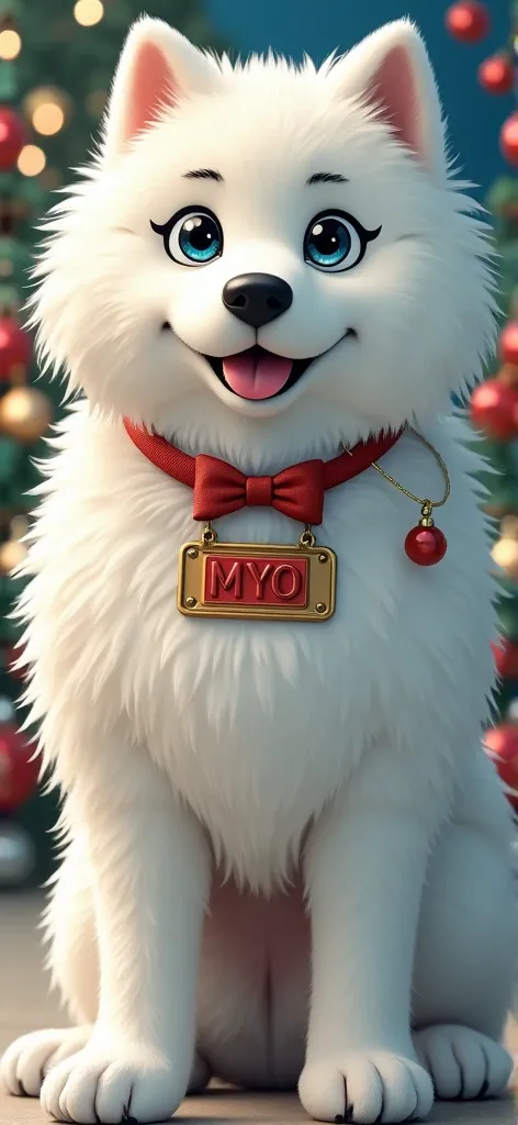  fluffy white Japanese dog 。 eyes are black and blue round。Eyebrows、Black 。Anime-like。 wearing a plate with the letters MYO on a red collar 。 Christmas cosplay 。very big dog。170 cm 300 kg 