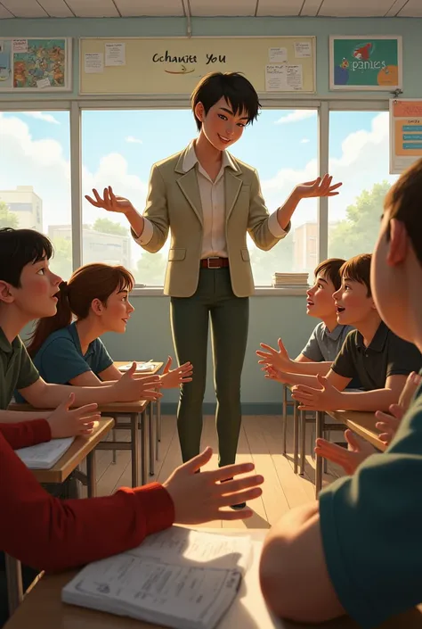  classroom.  The teacher explains something to the ren, ren reach out .
