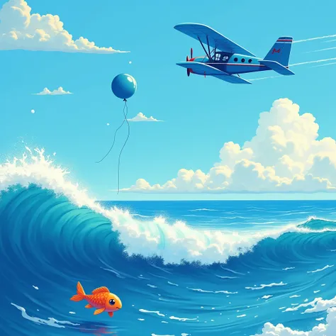 beautiful professional illustration, cores strongs e gritantes estilo cartaz, inspired by j.c leyendecker a stunning 4K digital artwork of A clear blue sky with soft clouds, a blue ocean wave, a small blue fish swimming, a beautiful blue airplane, and a fl...