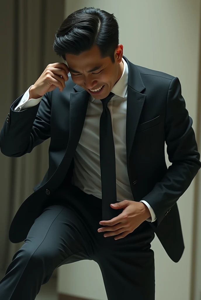  A  around  ， kicks a handsome Asian man on the crotch、Man in a black suit 、 black tie 、Black leather shoes， Man covering his crotch with his hands ， expression pain