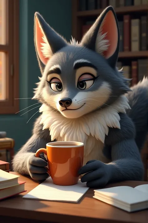 Create a furro wolf with white collar with spots on his face hands and feet drinking coffee studying with dark circles