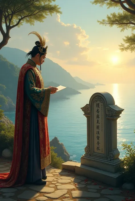 create an image of the King of Viet Nam correcting the verse on the tombstone near the sea